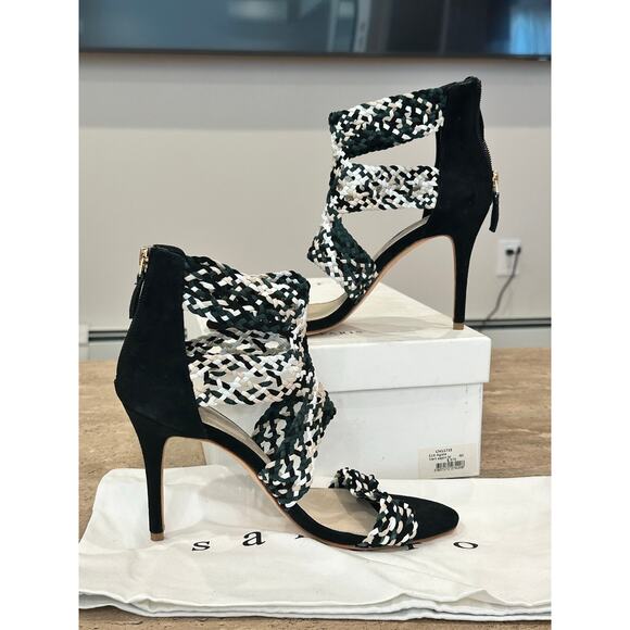 NEW Sandro Agate Vert Sapin Green Black Woven Strap Open Toe Heel Sandal 39 - Picture 8 of 10
